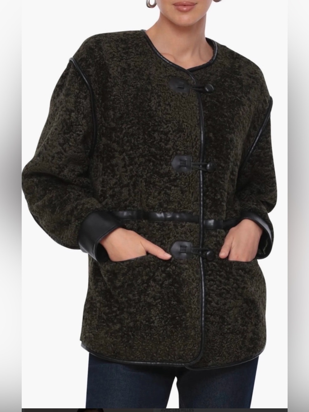 7 For All Mankind faux fur toggle-trim teddy jacket size L olive green